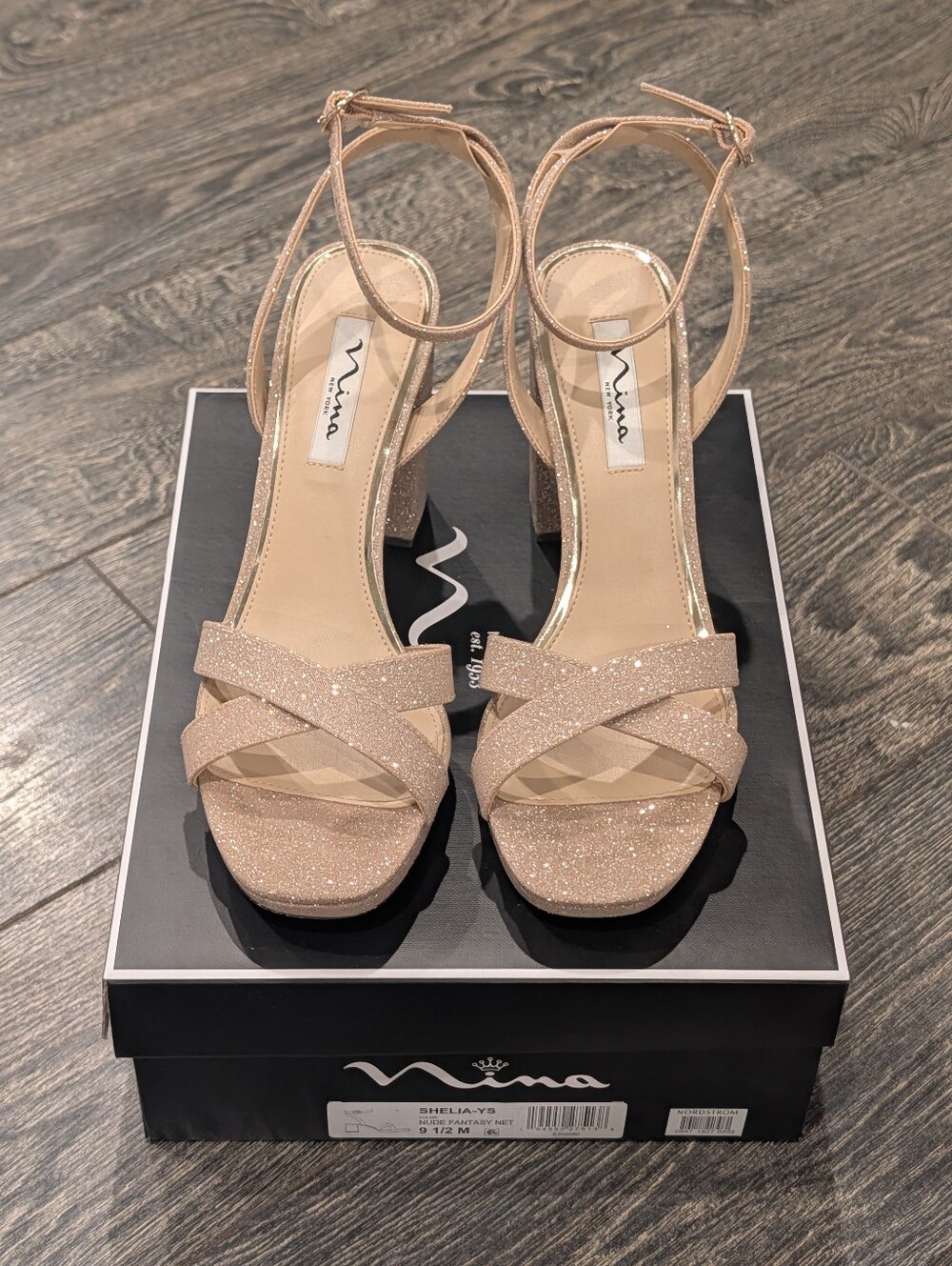 Nina Shelia nude champagne glitter lame platform sandal with block lame heel